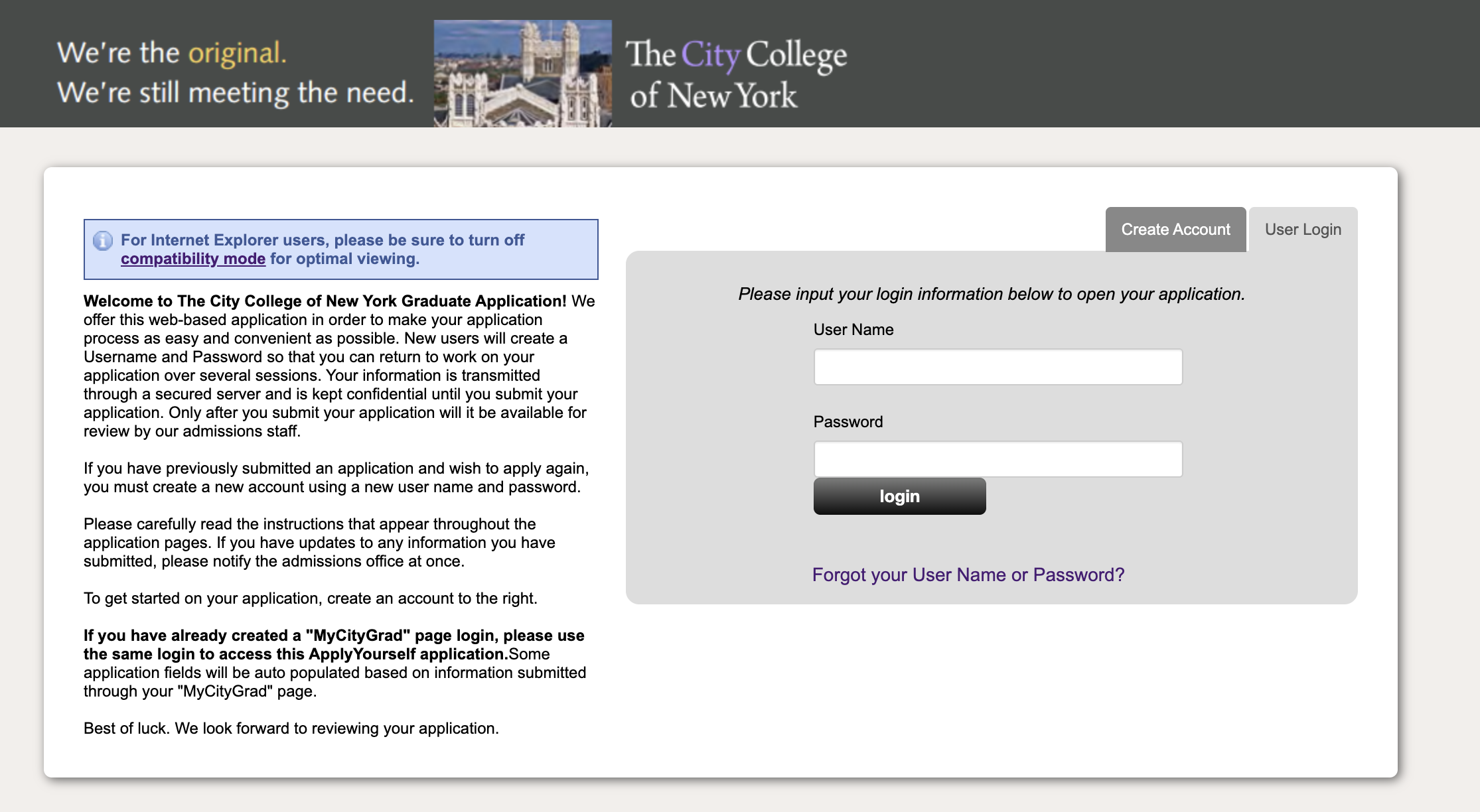 CCNY Applicaation portal